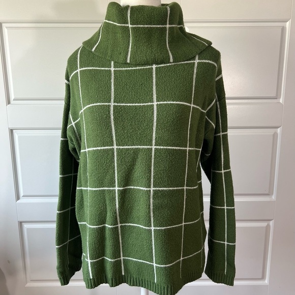 Green Plaid Turtleneck Sweater Oversized Cozy Pullover Top - Picture 1 of 5